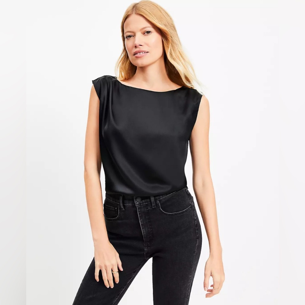 Satin Pleated Shoulder Boatneck Top - LOFT - Black - NWT